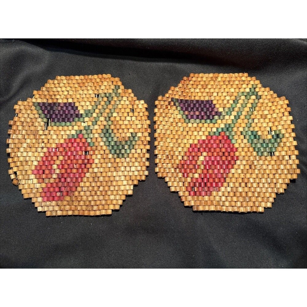 A Pair (2) Vintage Wood Beaded Cherry Trivet Pot Holder Hot Plate Flaw See Pics.